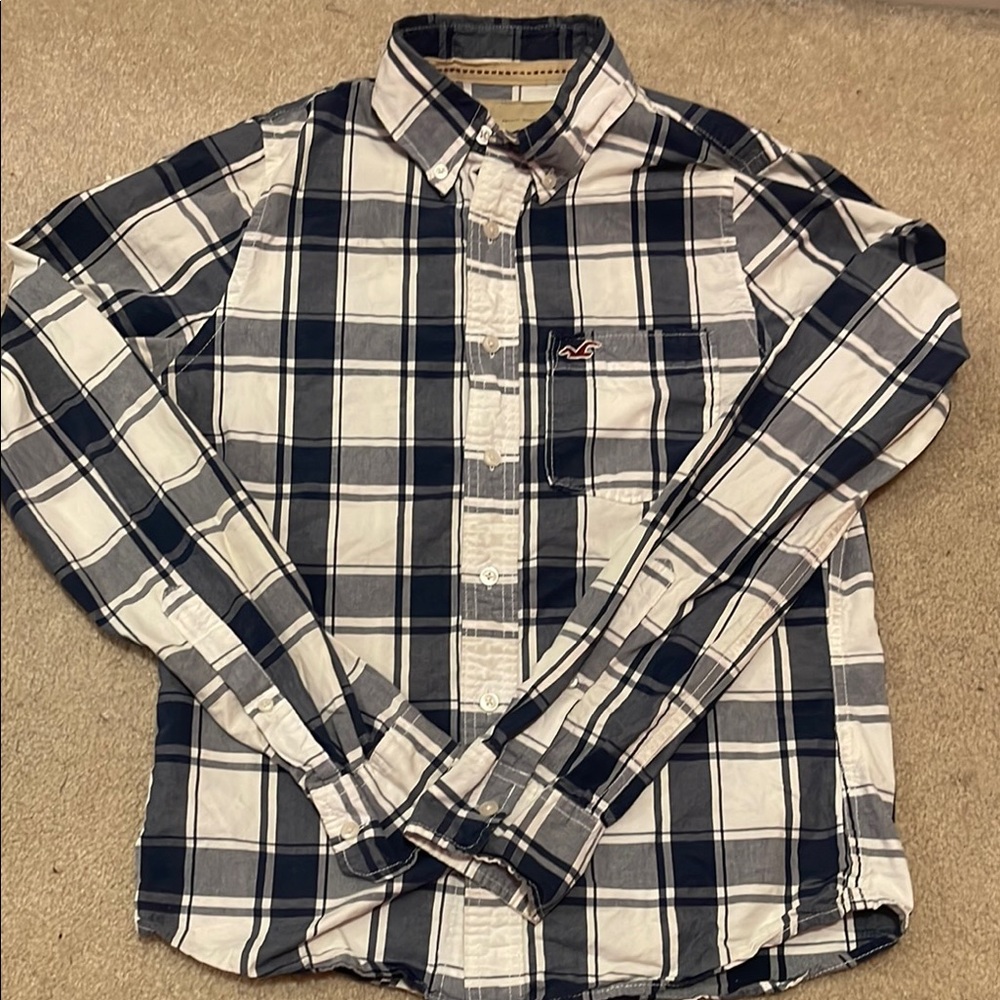 Men's Hollister Plaid Shirt - Navy and White